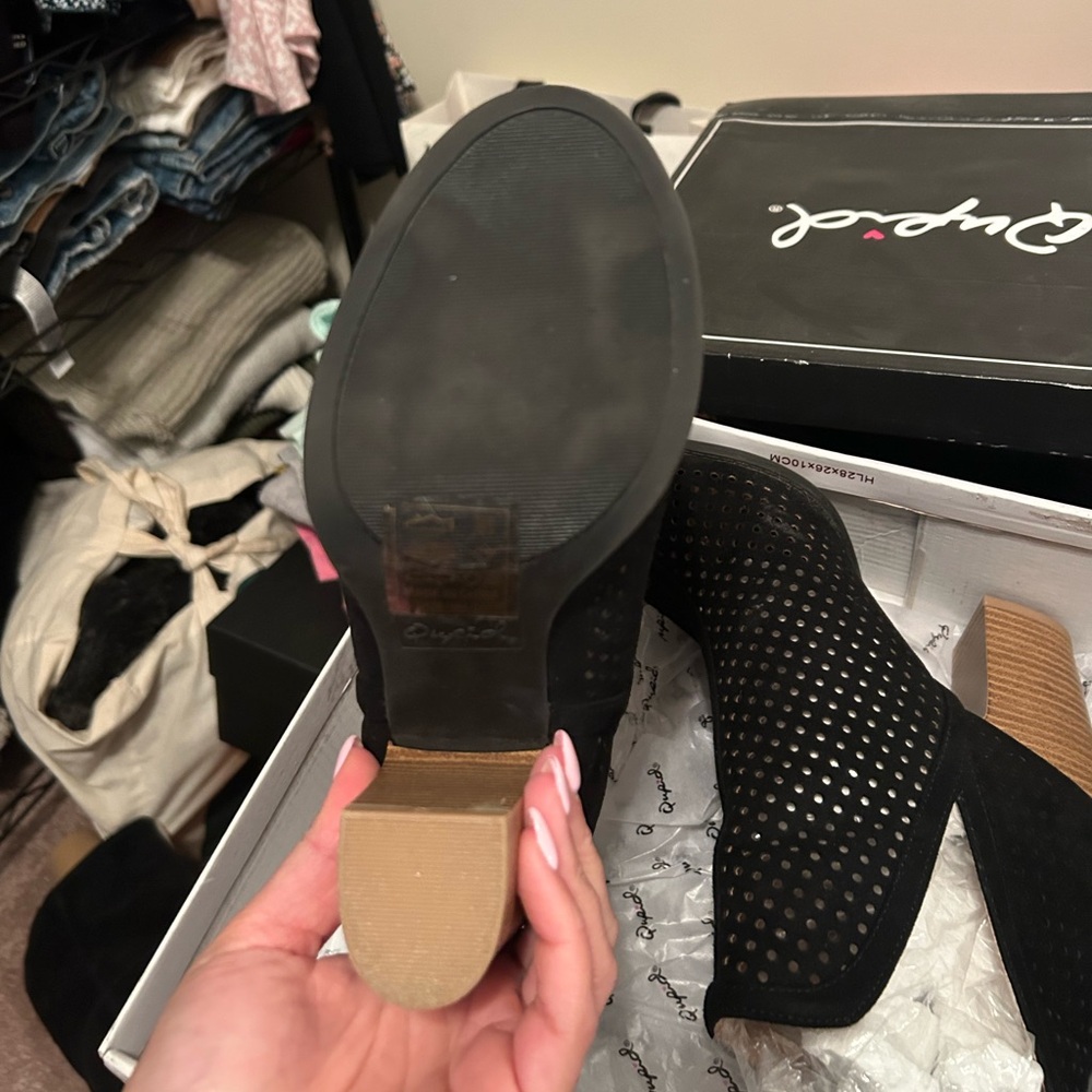 Qupid Black Perforated Ankle Booties with Tan Heel - Picture 5 of 8